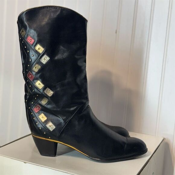 Vintage Yaska Italy Black Leather Western Boots 42.5 EU...
